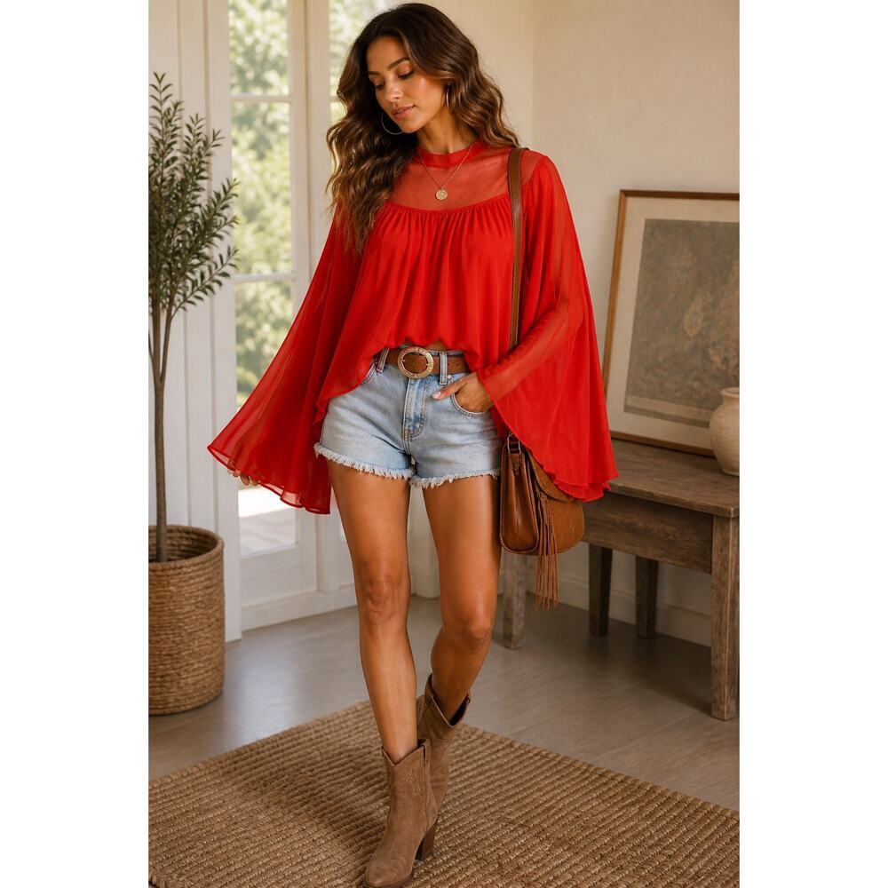 Free People Cropped Swing Top Red Sheer Mesh Yoke Dramatic Sleeve Trapeze Blouse